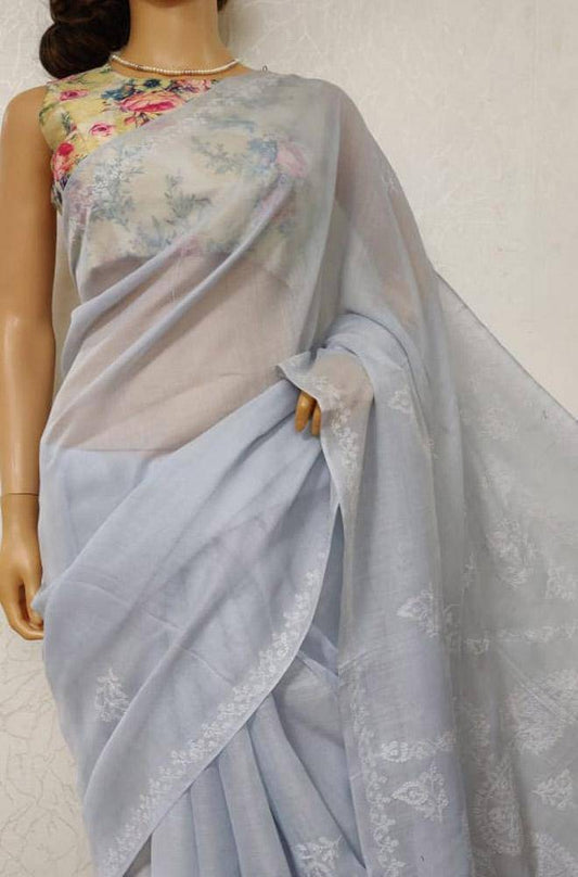 Grey Hand Embroidered Chikankari Cotton Saree - Luxurion World