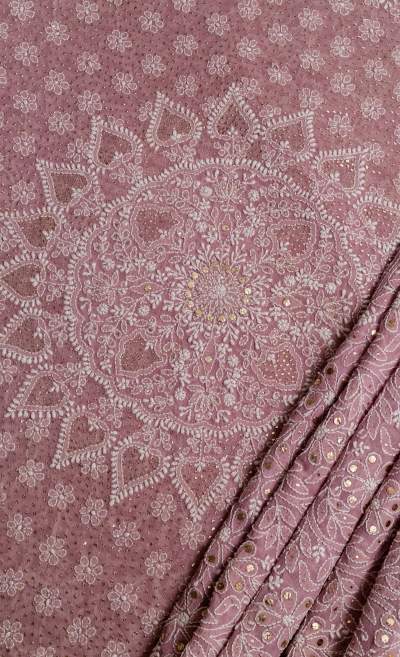 Lavender Hand Embroidered Pure Georgette Chikankari Saree With Mukaish Work - Luxurion World