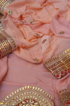 Pink Hand work Gotta Patti Georgette Flower Design Saree With Red Border - Luxurion World