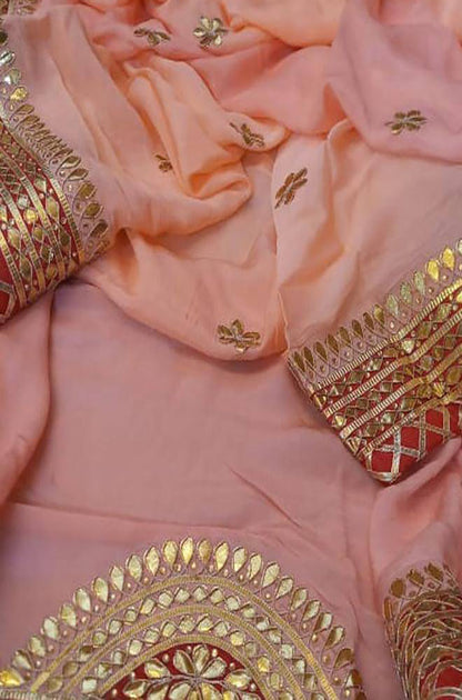 Pink Hand work Gotta Patti Georgette Flower Design Saree With Red Border - Luxurion World