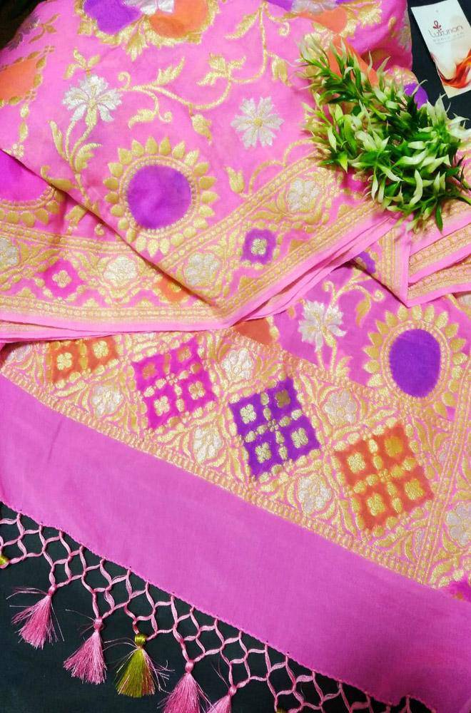 Pink Handloom Banarasi Georgette Sona Roopa Brush Dyed Dupatta