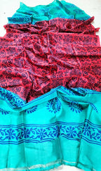 Maroon And Blue Hand Block Printed Silk Three Piece Unstitched Suit Set - Luxurion World