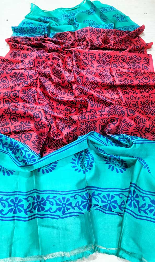 Maroon And Blue Hand Block Printed Silk Three Piece Unstitched Suit Set - Luxurion World