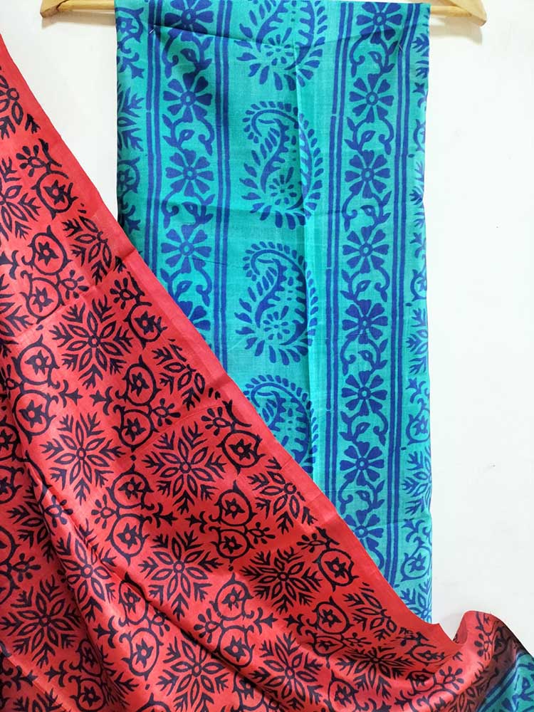 Maroon And Blue Hand Block Printed Silk Three Piece Unstitched Suit Set - Luxurion World