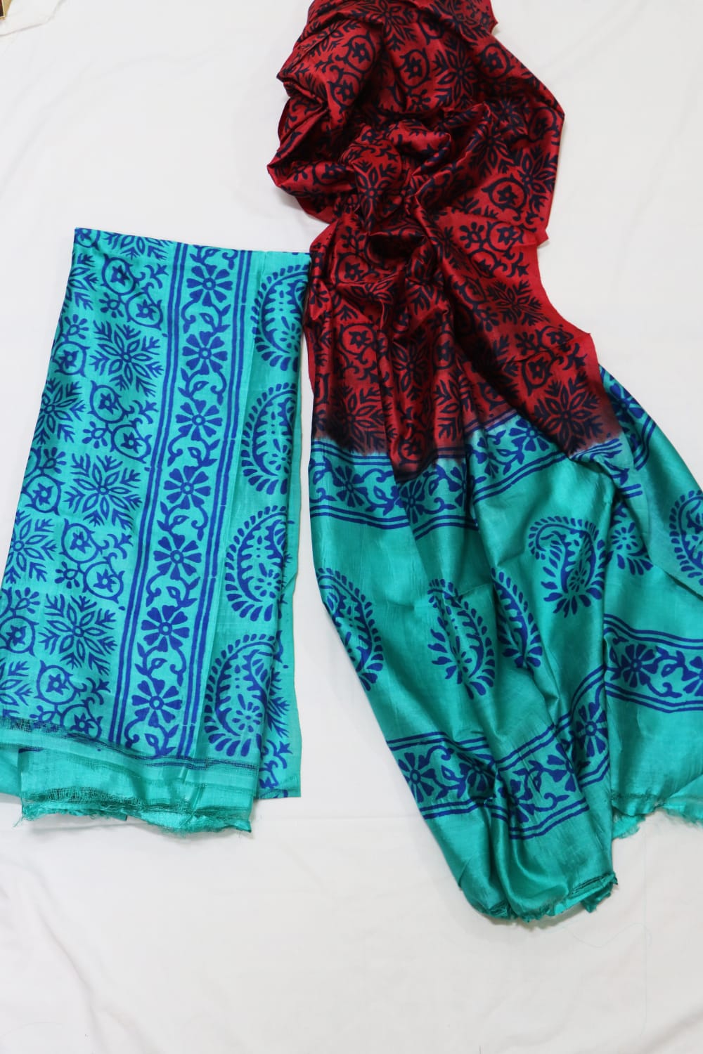 Maroon And Blue Hand Block Printed Silk Three Piece Unstitched Suit Set