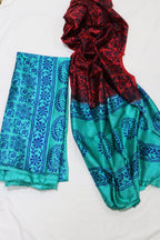 Maroon And Blue Hand Block Printed Silk Three Piece Unstitched Suit Set - Luxurion World