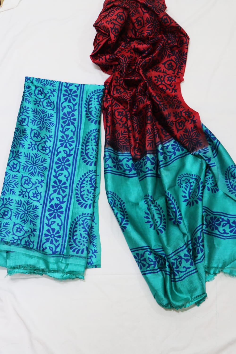 Maroon And Blue Hand Block Printed Silk Three Piece Unstitched Suit Set - Luxurion World