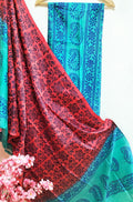 Maroon And Blue Hand Block Printed Silk Three Piece Unstitched Suit Set - Luxurion World