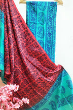 Maroon And Blue Hand Block Printed Silk Three Piece Unstitched Suit Set - Luxurion World