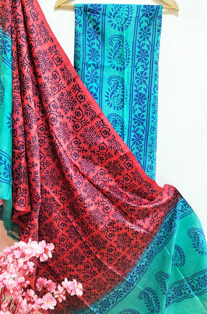 Maroon And Blue Hand Block Printed Silk Three Piece Unstitched Suit Set - Luxurion World