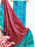 Maroon And Blue Hand Block Printed Silk Three Piece Unstitched Suit Set - Luxurion World