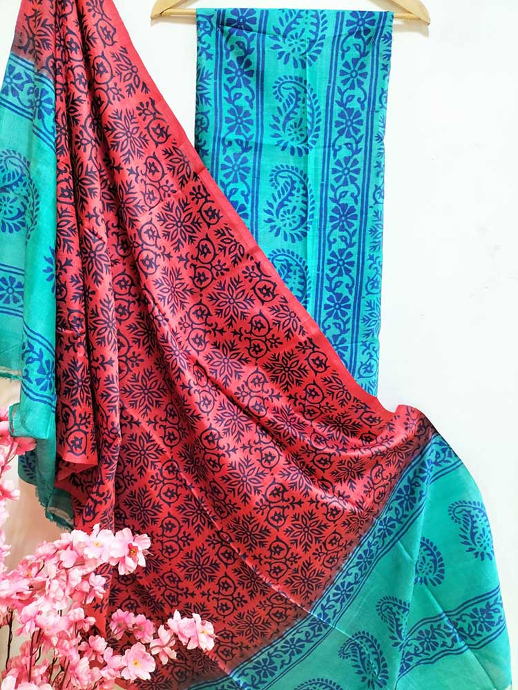 Maroon And Blue Hand Block Printed Silk Three Piece Unstitched Suit Set - Luxurion World