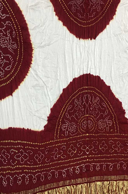 Maroon And Off White Bandhani Pure Gajji Silk Dupatta - Luxurion World