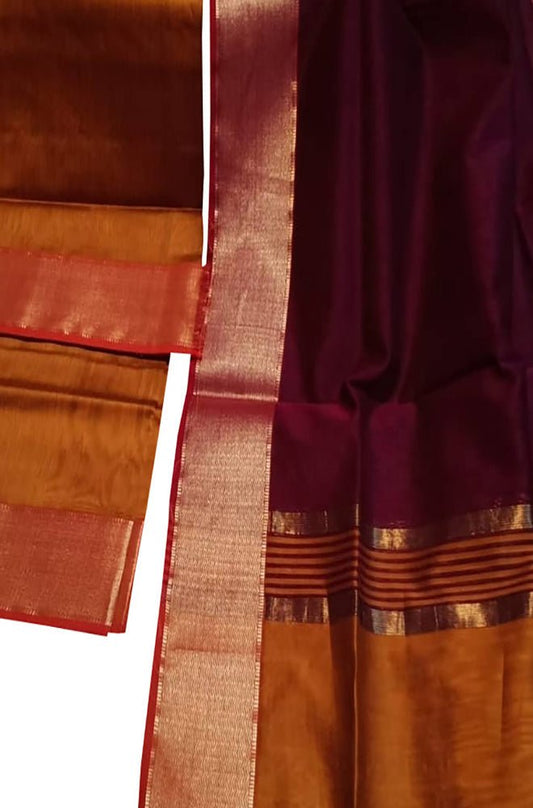 Maroon And Yellow Handloom Maheshwari Cotton Silk Two Piece Unstitched Suit Set - Luxurion World