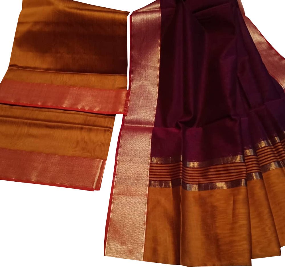 Maroon And Yellow Handloom Maheshwari Cotton Silk Two Piece Unstitched Suit Set - Luxurion World