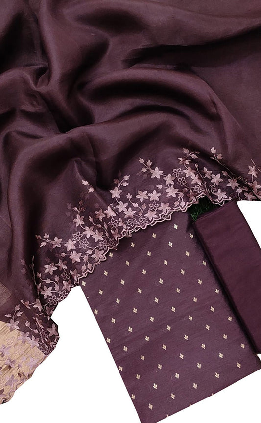 Maroon Banarasi Moonga Silk Three Piece Unstitched Suit Set