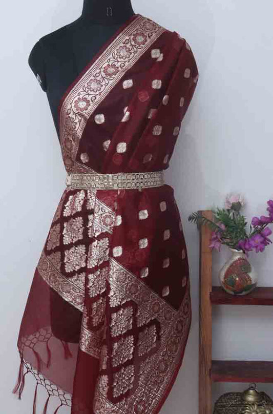 Maroon Banarasi Organza Dupatta - Luxurion World