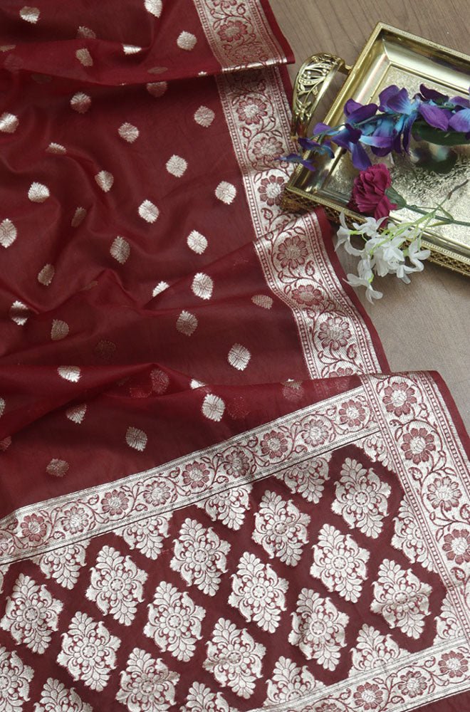 Maroon Banarasi Organza Dupatta - Luxurion World