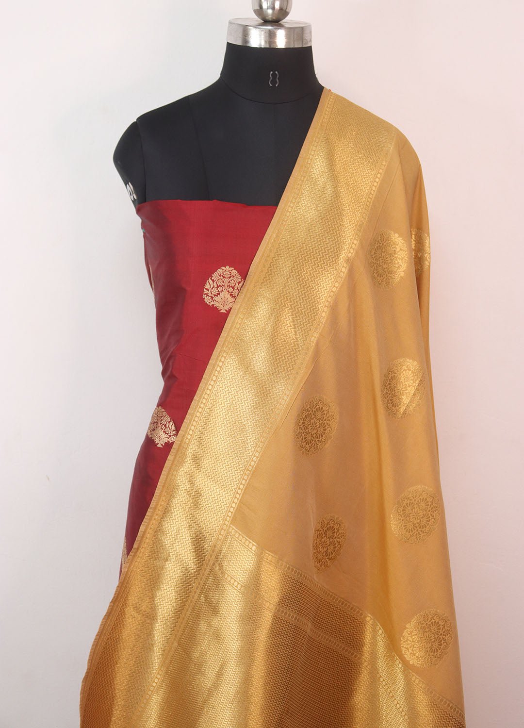 Maroon Banarasi Pure Katan Silk Suit With Cream Banarasi Silk Dupatta