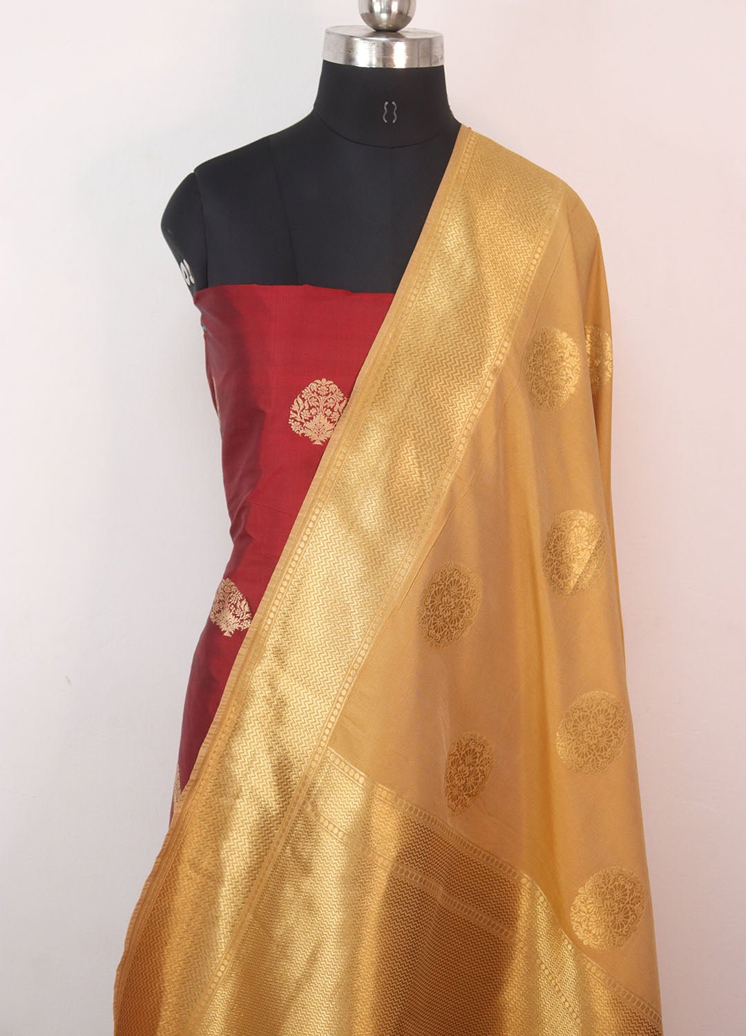 Maroon Banarasi Pure Katan Silk Suit With Cream Banarasi Silk Dupatta - Luxurion World