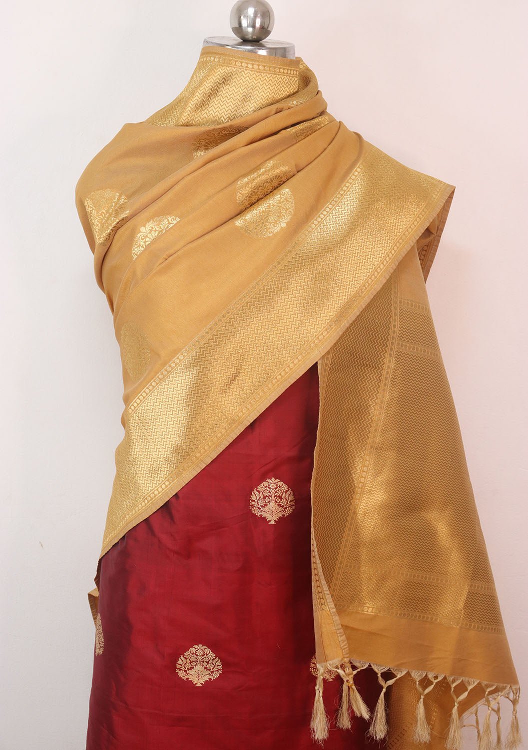 Maroon Banarasi Pure Katan Silk Suit With Cream Banarasi Silk Dupatta - Luxurion World