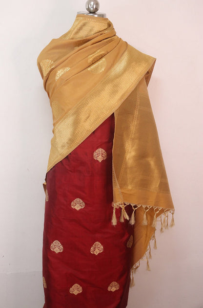 Maroon Banarasi Pure Katan Silk Suit With Cream Banarasi Silk Dupatta - Luxurion World