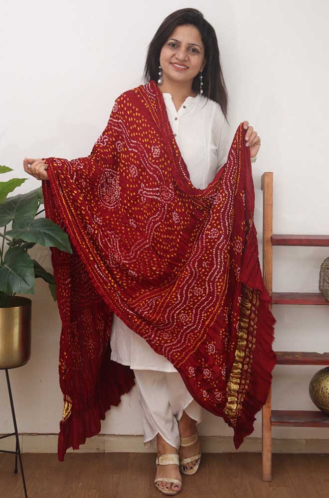Maroon Bandhani Gajji Silk Dupatta - Luxurion World