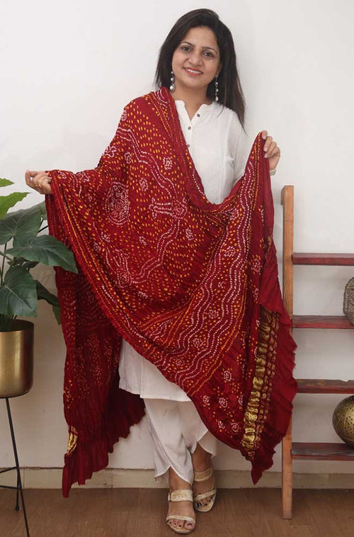 Maroon Bandhani Gajji Silk Dupatta - Luxurion World