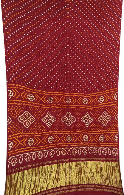 Maroon Bandhani Pure Gajji Silk Saree - Luxurion World