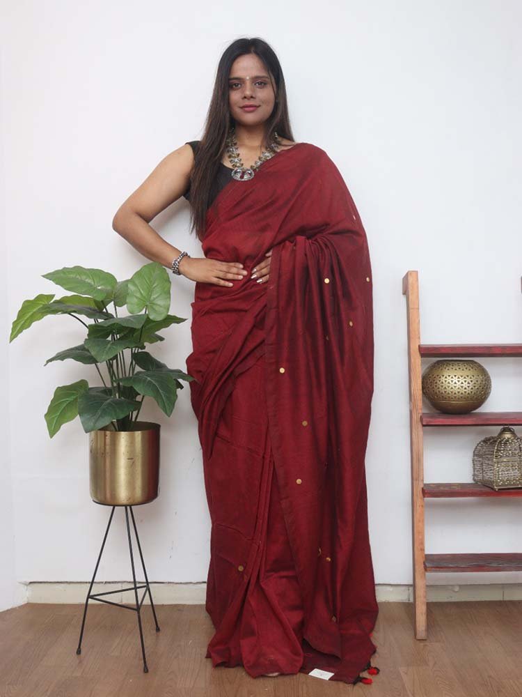 Maroon Bengal Plain Cotton Saree - Luxurion World