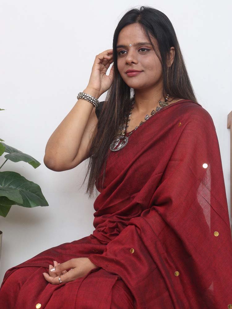 Maroon Bengal Plain Cotton Saree - Luxurion World