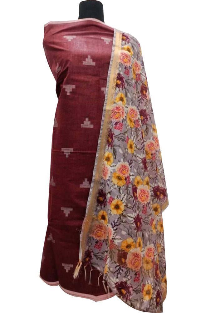 Maroon Bhagalpur Linen Two Piece Unstitched Suit Set With Digital Printed Dupatta - Luxurion World