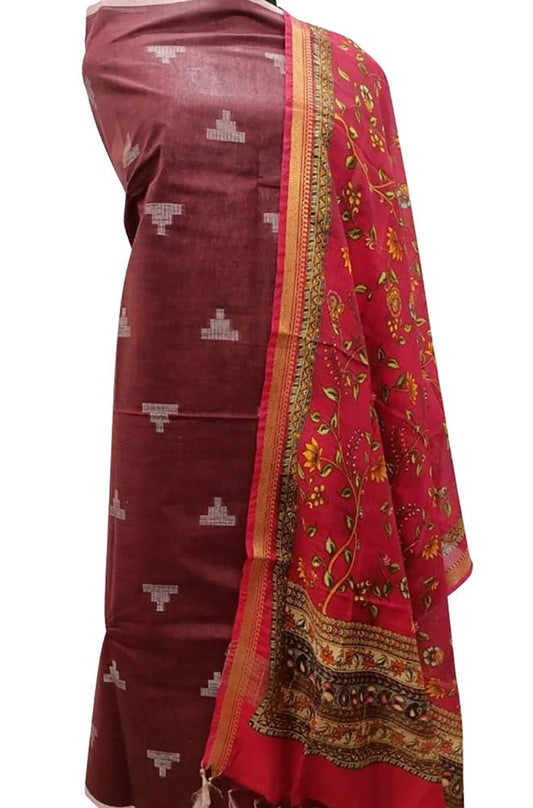 Maroon Bhagalpur Linen Two Piece Unstitched Suit Set With Digital Printed Dupatta - Luxurion World