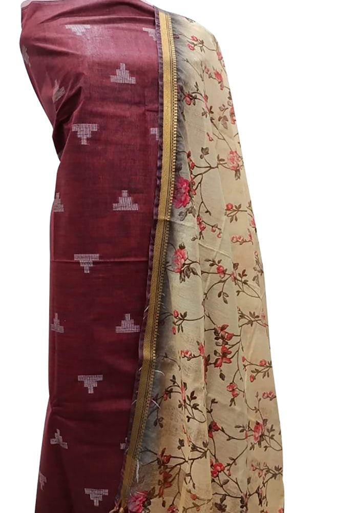 Maroon Bhagalpur Linen Two Piece Unstitched Suit Set With Digital Printed Dupatta - Luxurion World