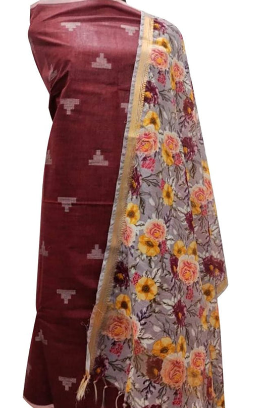 Maroon Bhagalpur Linen Two Piece Unstitched Suit Set With Digital Printed Dupatta - Luxurion World