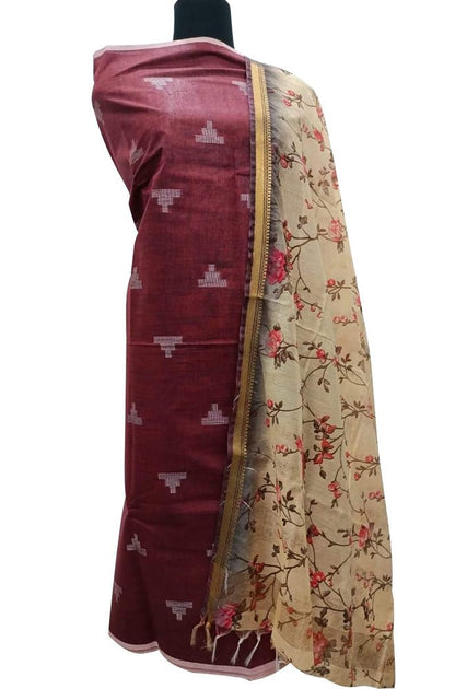 Maroon Bhagalpur Linen Two Piece Unstitched Suit Set With Digital Printed Dupatta - Luxurion World