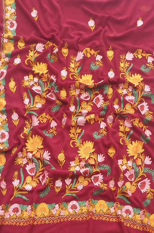 Maroon Embroidered Kashmiri Aari Work Georgette Flower Design Saree - Luxurion World