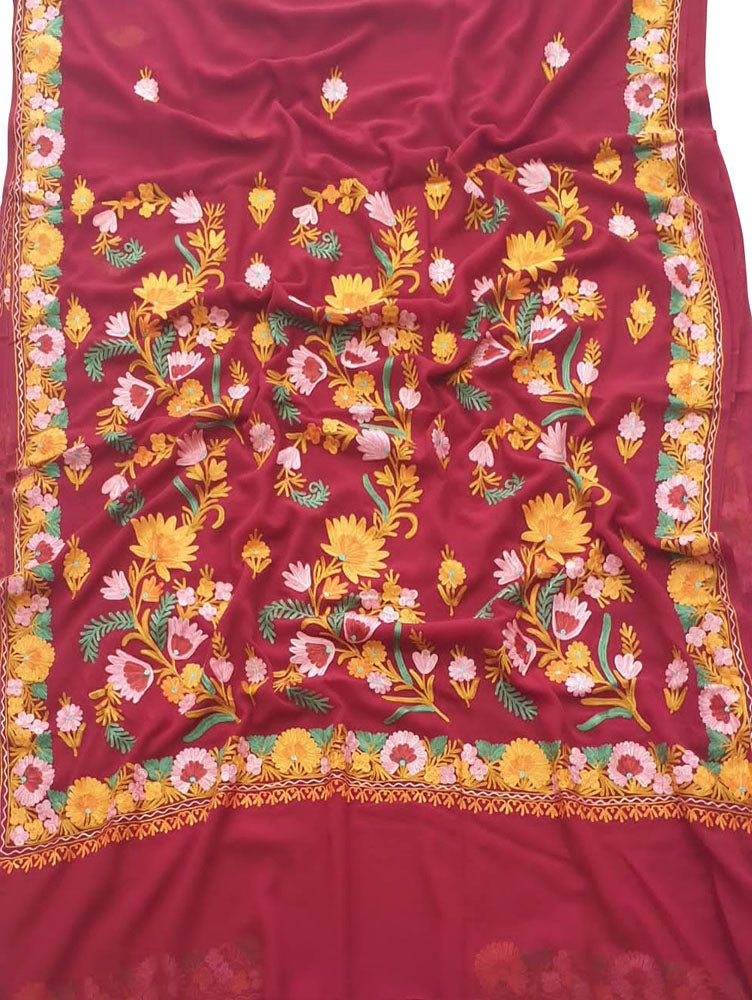 Maroon Embroidered Kashmiri Aari Work Georgette Flower Design Saree - Luxurion World