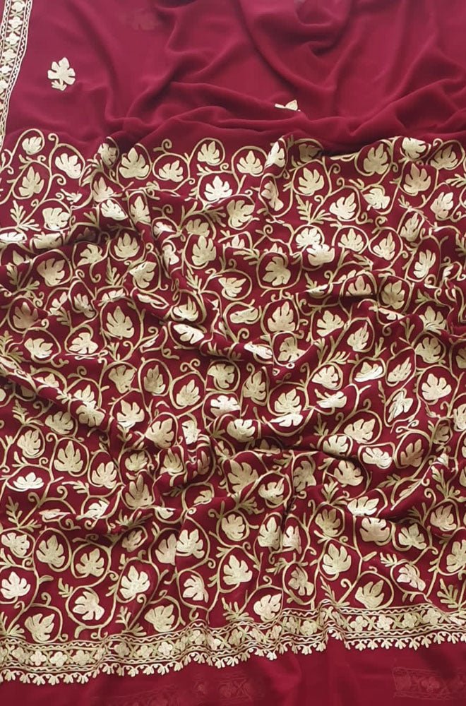 Maroon Embroidered Kashmiri Aari Work Georgette Saree - Luxurion World