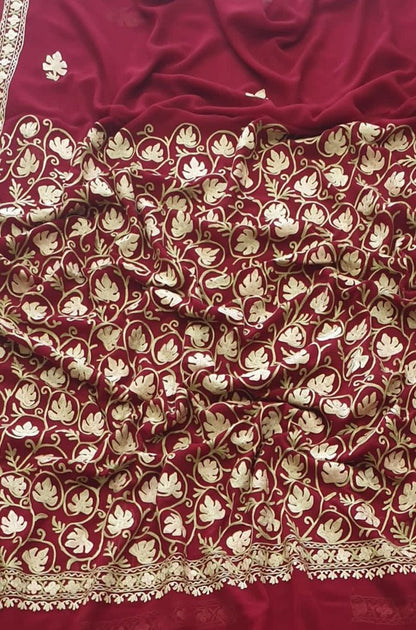 Maroon Embroidered Kashmiri Aari Work Georgette Saree - Luxurion World