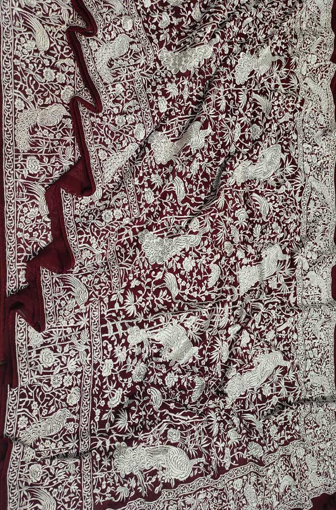 Maroon Embroidered Parsi Gara Georgette Floral And Bird Design Saree - Luxurion World