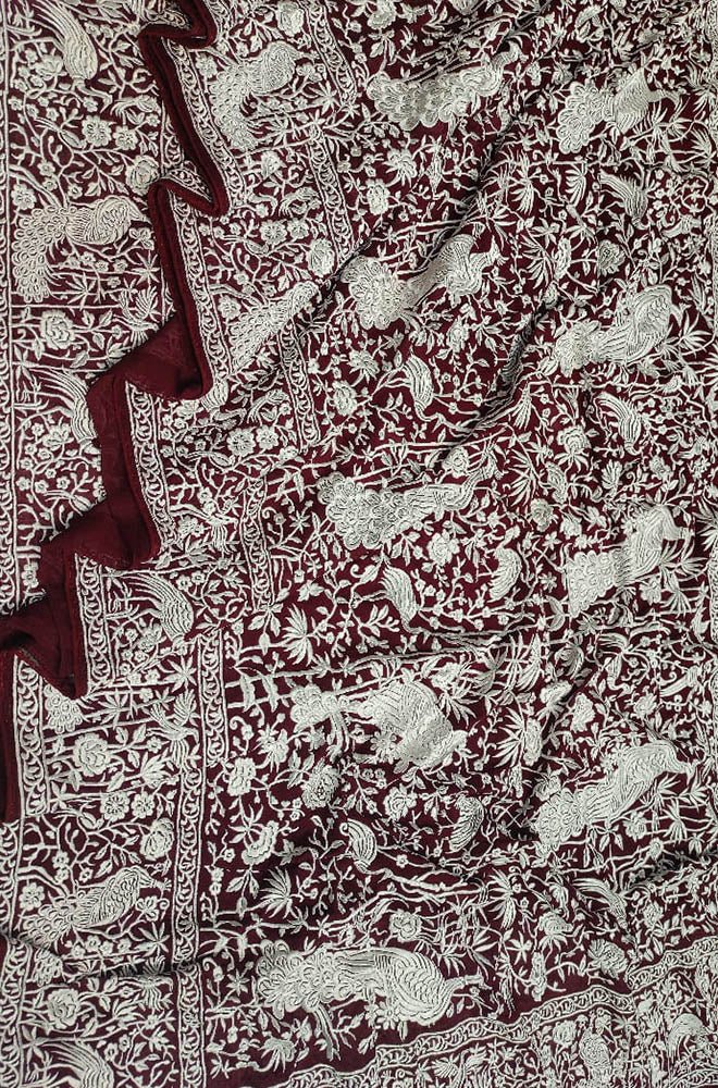 Maroon Embroidered Parsi Gara Georgette Floral And Bird Design Saree - Luxurion World