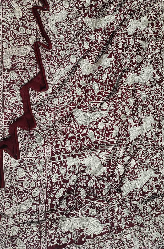 Maroon Embroidered Parsi Gara Georgette Floral And Bird Design Saree - Luxurion World