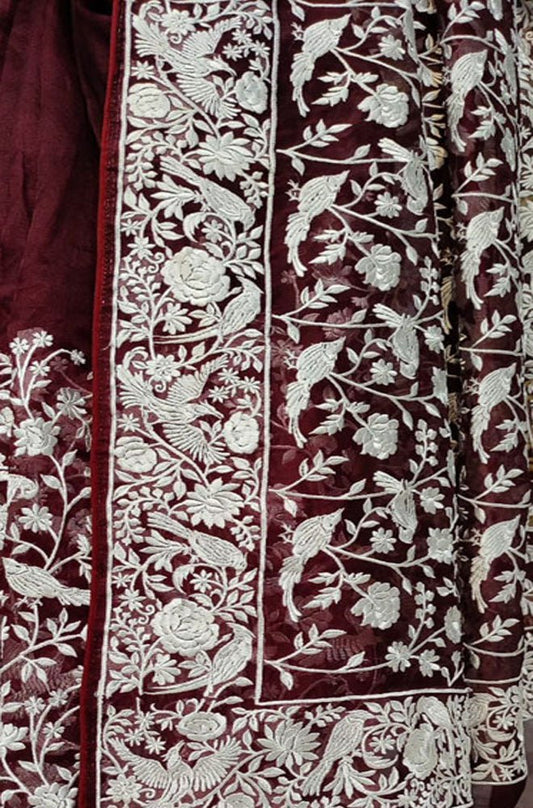 Maroon Embroidered Parsi Gara Organza Bird And Flower Design Saree - Luxurion World