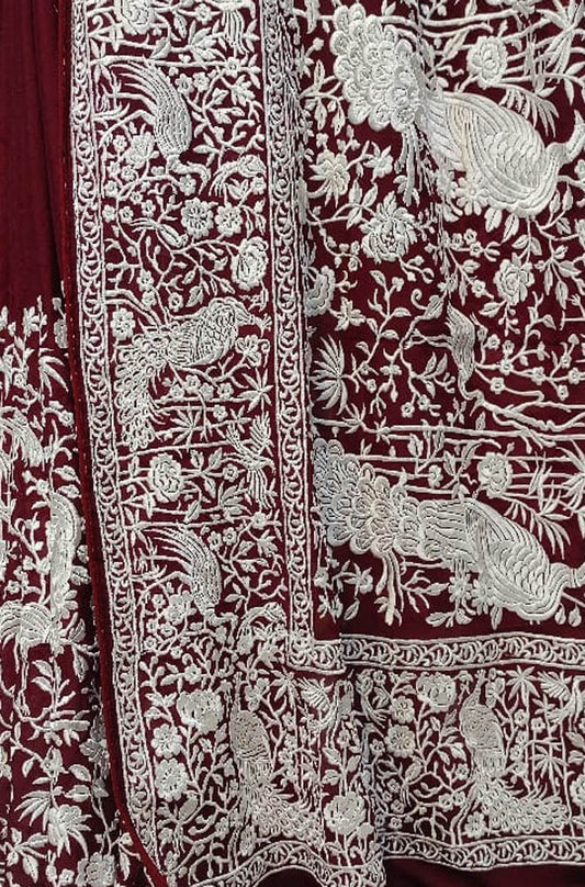 Maroon Embroidered Parsi Gara Pure Georgette Floral And Bird Design Saree - Luxurion World