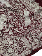 Maroon Embroidered Parsi Gara Pure Georgette Floral And Bird Design Saree - Luxurion World
