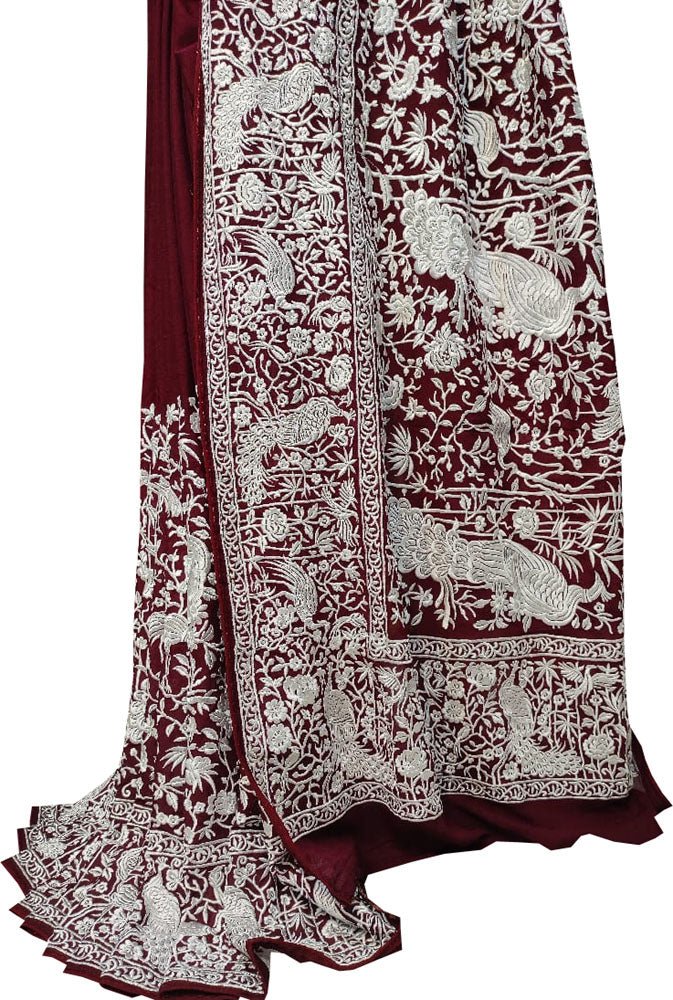 Maroon Embroidered Parsi Gara Pure Georgette Floral And Bird Design Saree - Luxurion World