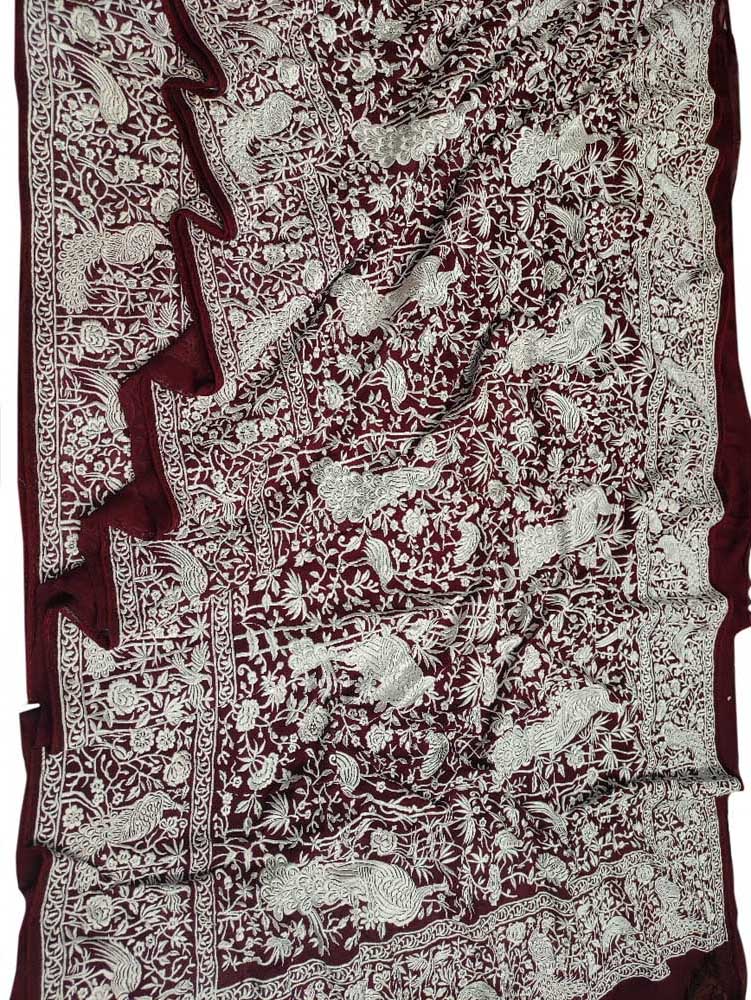 Maroon Embroidered Parsi Gara Pure Georgette Floral And Bird Design Saree - Luxurion World