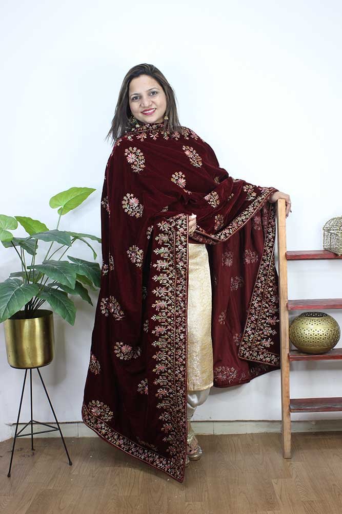 Maroon Embroidered Trendy Velvet Dupatta - Luxurion World