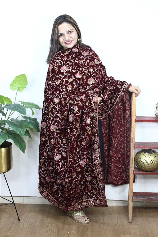 Maroon Embroidered Trendy Velvet Dupatta - Luxurion World